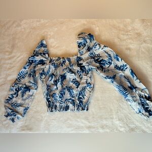 Tropical Print Blue Women's Long Sleeve Crop Top